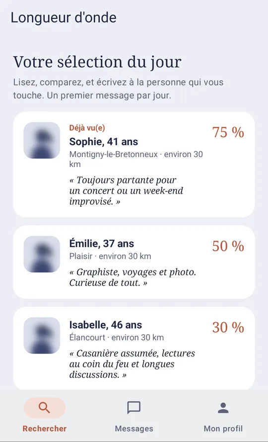 Sélection du jour : trois profils compatibles avec leur pourcentage